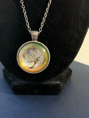 Glass Dome Tree Pendant Necklace in Green and Yellow